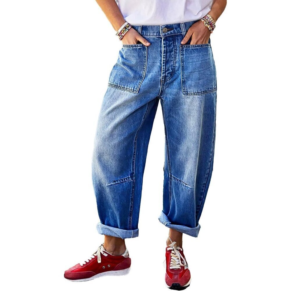 Womenโs High Rise Barrel Jeans Cropped Distressed Denim Casual Pants